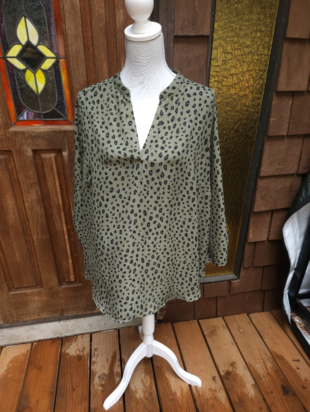 Size 3X-Lush Olive Green Leopard Print V-Neck Tunic